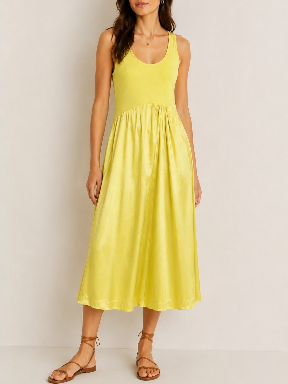Anthropologie Yellow Mixed Media Sleeveless Maxi Dress L Flowy Stretch Viscose